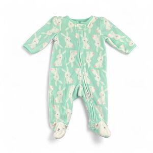 green and white fleece bunny sleeper with zipper & footies size 0-3 months